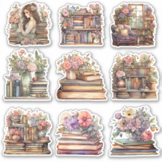 9 Bloemen Boeken pastel Waterverven stickers