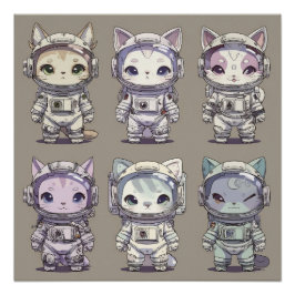 9 Chibi Astronaut Kittens Space Crew Perfect Poster