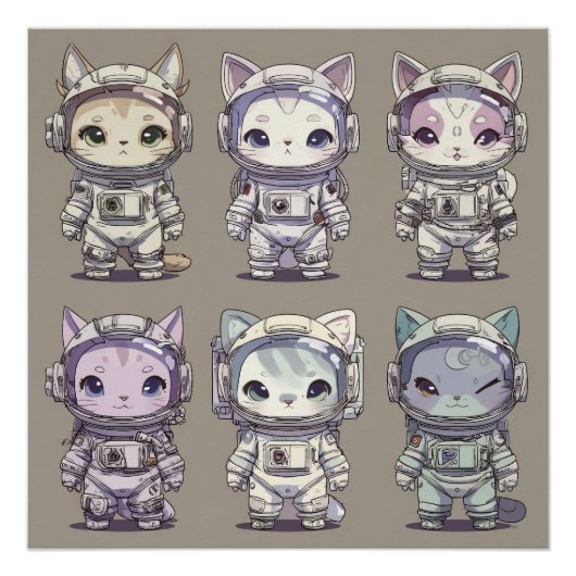 9 Chibi Astronaut Kittens Space Crew Perfect Poster (Voorkant)