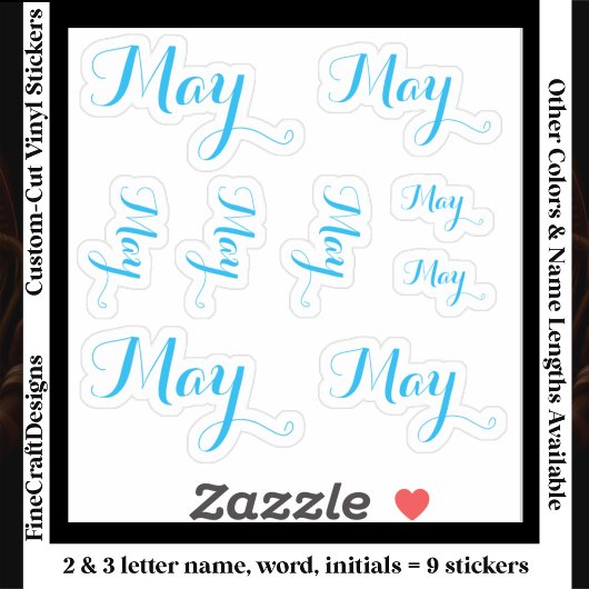 9 Custom Name Word, 2-3 letters Elegant Script Blu Sticker