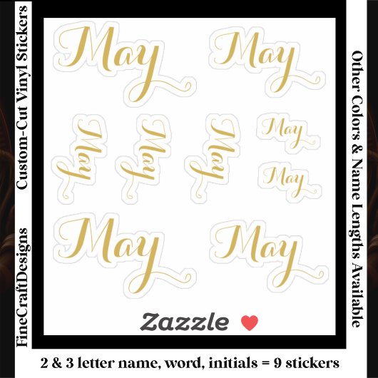 9 Custom Name Word, 2-3 letters Elegant Script Gld Sticker