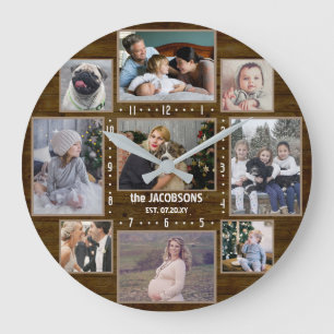 9 Familie Foto Collage Eigen naam Farmhouse Hood Grote Klok