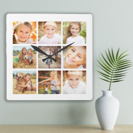 9 familiefotocollage wit vierkante klok