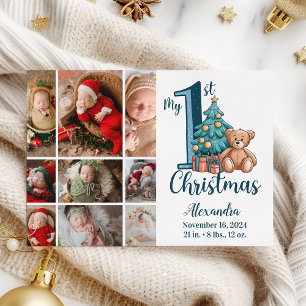 9 Foto Blue Teddy Baby 1st Christmas Feestdagenkaart