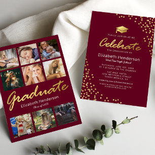 9 Foto Collage Burgundy Goud Afstudeerfeest Kaart