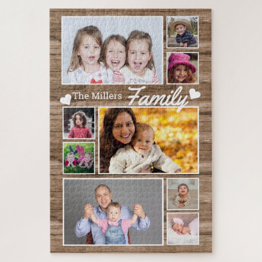 9 Foto Collage Familienaam 1014 Pcs Rustic Wood Legpuzzel (Verticaal)
