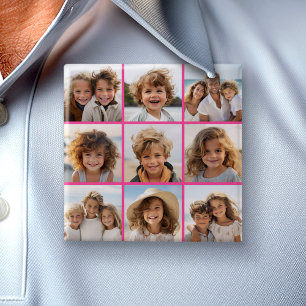 9 Foto Collage - Modern Raster op Roze Achtergrond Vierkante Button 5,1 Cm