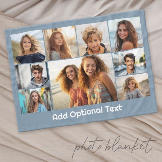 9 Foto Collage Optionele tekst -- Blauw Wit Fleece Deken