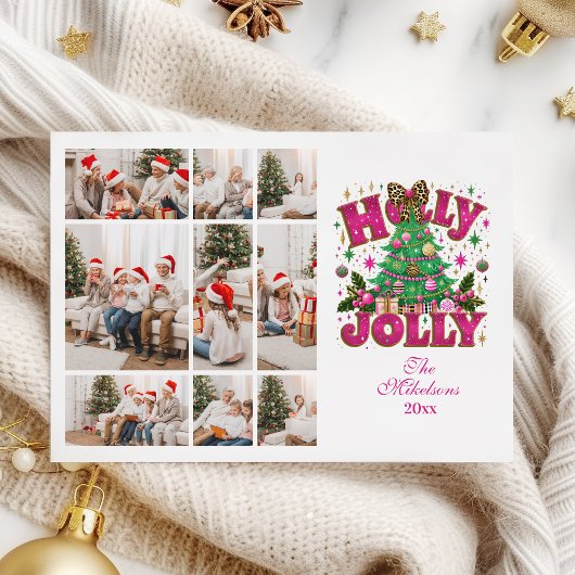 9 Foto Glitter Leopard Bow Holly Jolly Feestdagenkaart