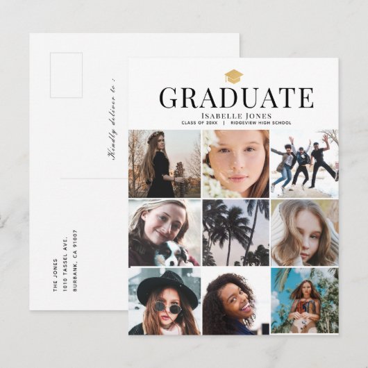 9 Foto minimalistisch wit Afstuderen Aankondigingskaart (Voorkant / Achterkant)