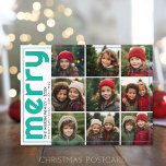 9 Foto offset - Vold Merry - Blauwgroen met Kerstm Feestdagenkaart<br><div class="desc">ONTWERP VAN DE VOORZIJDE: Een collage van 9 foto's in een eenvoudig net om vele pic van het afgelopen jaar te benadrukken. Het fotonet is van centrum met een dunne grens rond de volledige kaart. Een moderne look voor een vakantiefoto met heldere blauwgroen aqua-gekleurde accenten en 'genade' in een groot...</div>