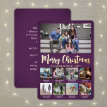 9 Foto Paarse Vrolijk Kerstfeest Moderne Collage Folie Feestdagenkaart<br><div class="desc">Verstuur stijlvolle, vrolijke groeten en deel 9 van je favoriete afbeeldingen met een aangepaste fotocollage paarse en gouden vakantiekaart voor de folie. Alle tekst op deze sjabloon is eenvoudig aan te passen om alle formuleringen op te nemen, zoals vrolijk kerstfeest, Prettige feestdagen, seizoensgroeten, nieuwjaarschaafjes, enz. (AFBEELDING PLACEMENT TIP: een gemakkelijke...</div>