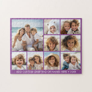 9 Foto vierkant collage - paars met witte tekst Legpuzzel