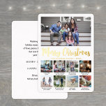 9 Foto Vrolijk Kerstmis Modern Script Kalligrafie Folie Feestdagenkaart<br><div class="desc">Stuur stijlvolle vreugdevolle groeten en deel een aantal favoriete afbeeldingen met een aangepaste 9 foto collage jaar in review folie Vrolijke kerstkaart. Alle tekst op deze sjabloon Prettige feestdagen is eenvoudig te personaliseren met elke formulering, zoals Elke vierkante foto aan de onderkant wordt geleverd met een eigen unieke bijschrift, zodat...</div>