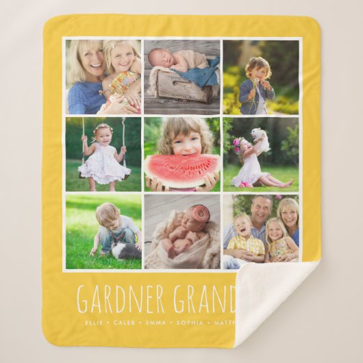 9 Fotocollage met Grandchildren Names | Geel Sherpa Deken (Voorkant)