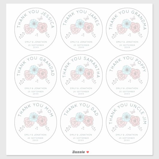 9 grote individuele naam Bedankt bloemenbruiloft Sticker (Vel)