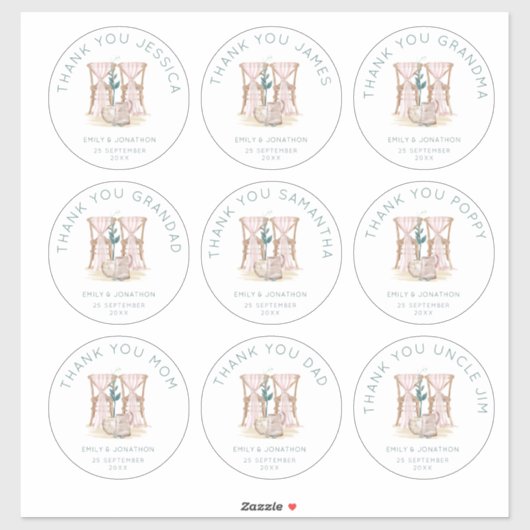 9 grote individuele namen dank u bruiloft sticker (Vel)