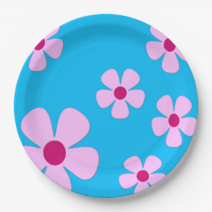 9-inch Borden papier, blauw met roze bloemen Papieren Bordje