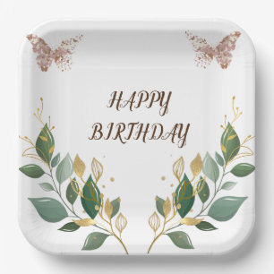 9-inch Square Floral Happy Birthday Paper Bord. Papieren Bordje