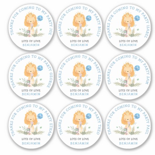 9 individuele gastnamen blauw dank u leeuw sticker (Voorkant)