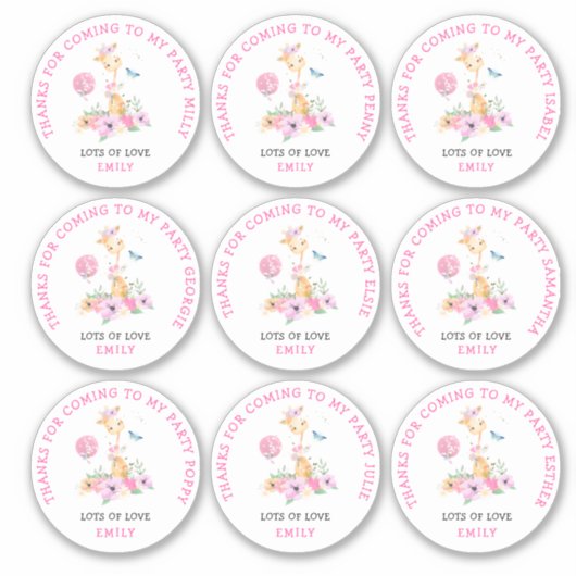 9 individuele gastnamen Kinder dank u Giraffe Sticker (Voorkant)