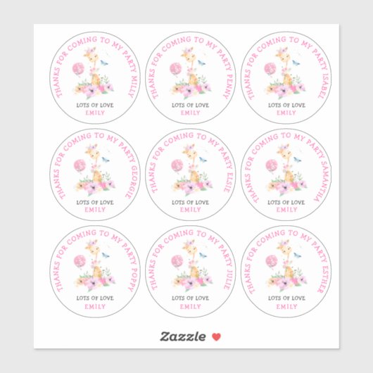 9 individuele gastnamen Kinder dank u Giraffe Sticker (Vel)