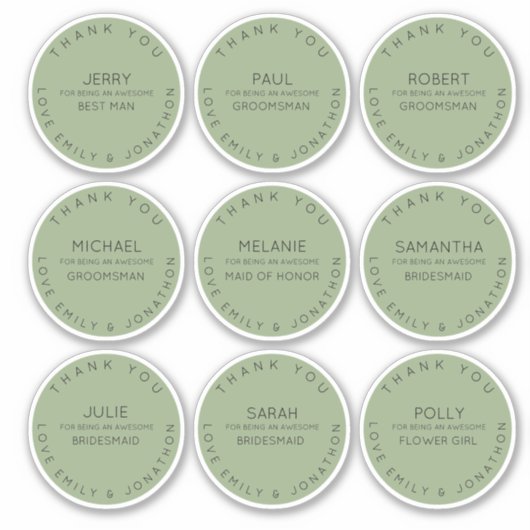 9 Individuele naam Bedankt Bridal Party Sage Sticker (Voorkant)