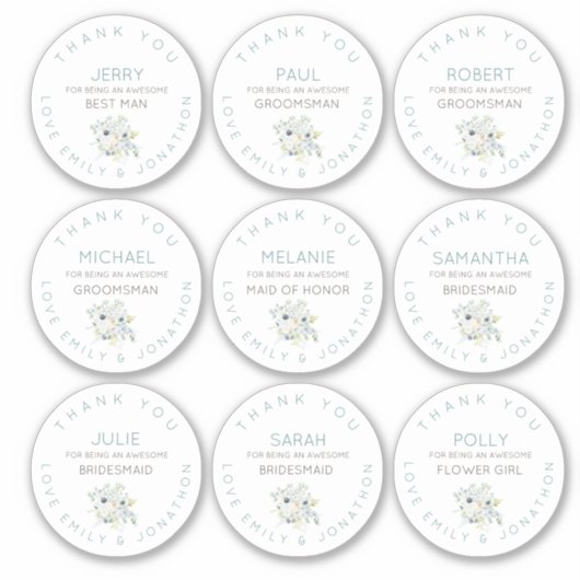 9 Individuele naam Dank u bruids bloemen klein Sticker (Voorkant)