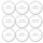 9 Individuele naam Dank u Witte Bridal Partij Sticker<br><div class="desc">Voeg een bedankje toe met een persoonlijk tintje aan uw gunsten voor uw bruidsmeisjes en groomsmen. Dit blad heeft negen stickers elk van ongeveer 2, 5" in doorsnede en u kunt elk afzonderlijk personaliseren met de naam van uw ontvanger en de rol die ze hadden op uw bruiloft. De gebogen...</div>