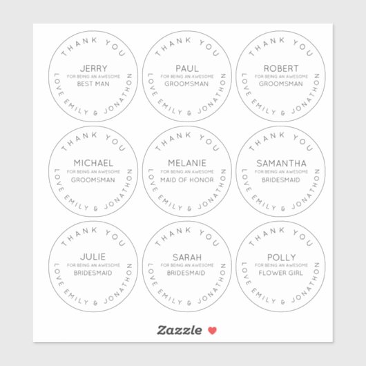 9 Individuele naam Dank u Witte Bridal Partij Sticker (Vel)