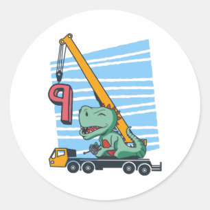 9 jaar 9e verjaardag Mobiele kraan Dinosaur Ronde Sticker