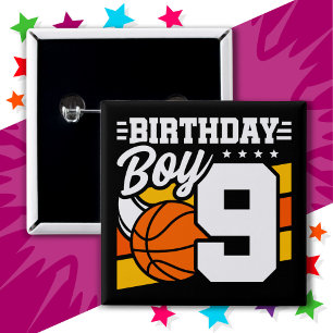 9 Jaar Oud Basketbal Party Thema 9e Verjaardag Jon Vierkante Button 5,1 Cm