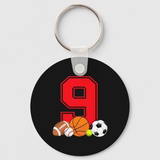 9 jaar oud Basketball Football Baseball Soccer Bir Sleutelhanger (Voorkant)
