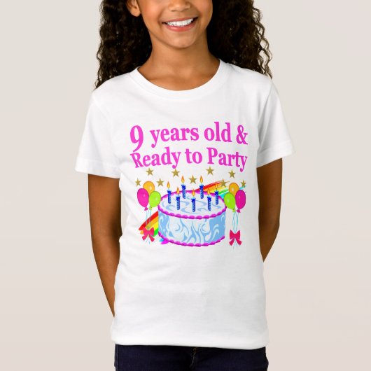 9 JAAR OUD EN KLAAR OM TE FEESTEN VERJAARDAG TAART T-SHIRT (Voorkant)