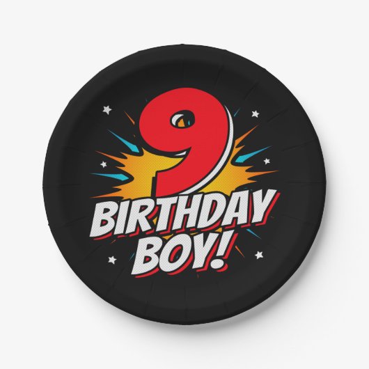 9 Jaar Oud Superheld Verjaardag Jongen 9e Verjaard Papieren Bordje (Voorkant)