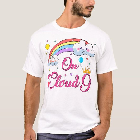 9 Jaar Oud Verjaardag Decoraties Regenboog op Clou T-shirt (Voorkant)