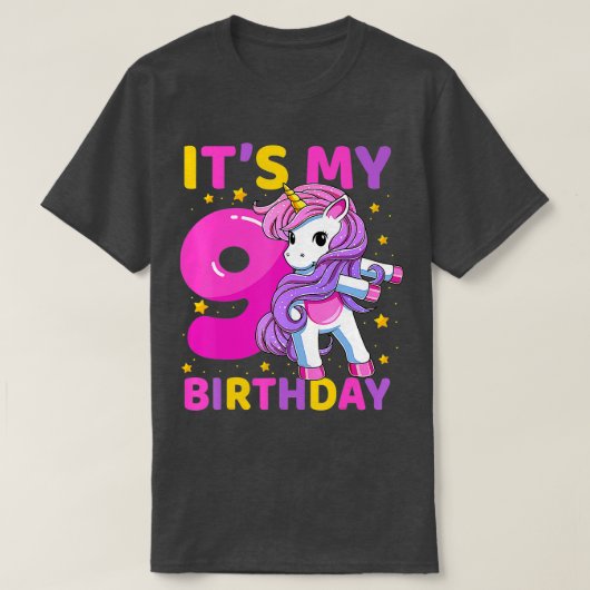 9 jaar oude Unicorn Flossing 9th Birthday Party Gi T-shirt (Design voorkant)