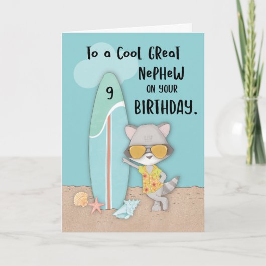 9-jarige Nephew Birthday Beach Funny Raccoon Kaart (Voorkant)