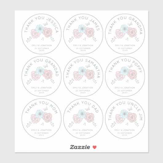 9 kleine individuele naam Bedankt bloemenbruiloft Sticker (Vel)