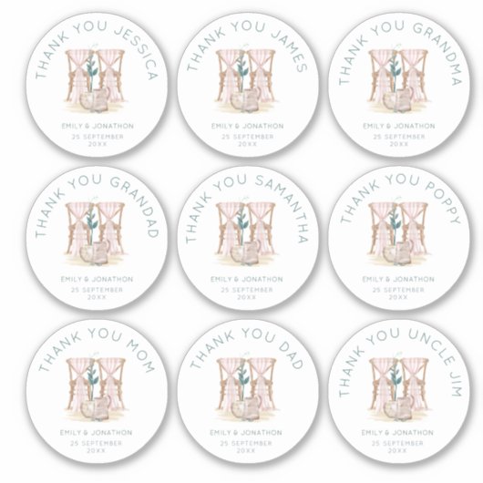 9 kleine individuele namen dank u trouwstoelen sticker (Voorkant)