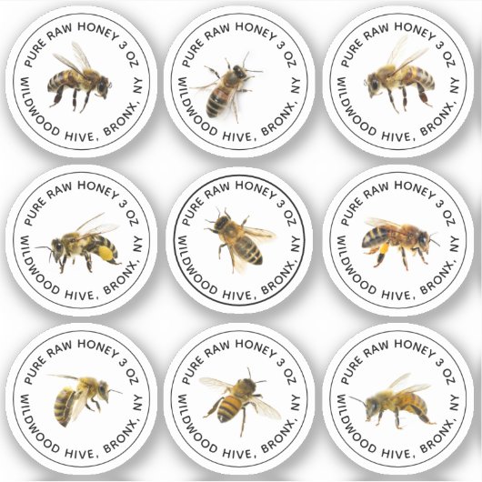 9 Mini Honey Jar Labels met bijen 1,25 inch (Voorkant)