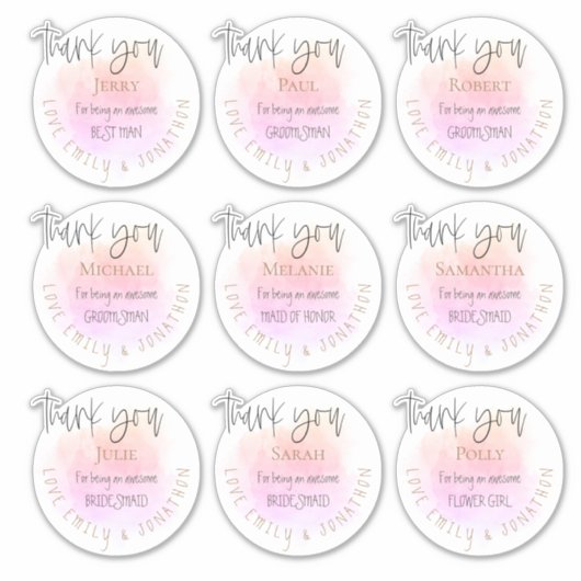 9 Namen Dank u Bericht Bruids Individueel Roze Sticker (Voorkant)