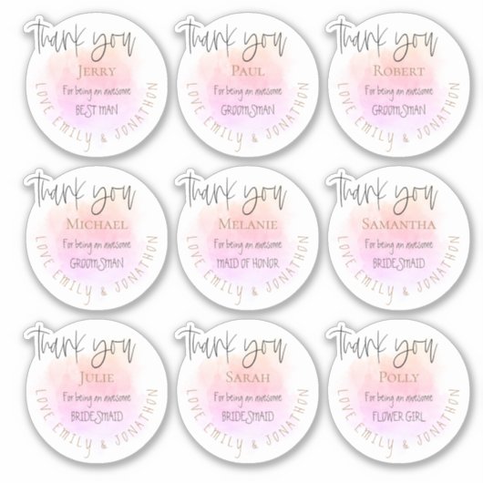 9 namen dank u bericht bruids partij individu sticker (Voorkant)