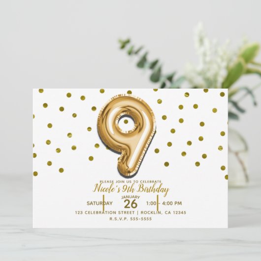 9 Negen gouden ballon Confetti 9e verjaardagsfeest Kaart (Staand voorkant)