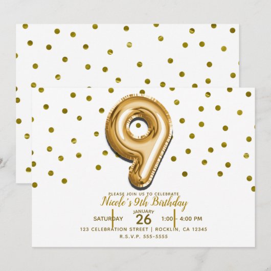 9 Negen gouden ballon Confetti 9e verjaardagsfeest Kaart (Voorkant / Achterkant)