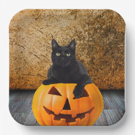 9" Papieren Borden, Halloween Zwarte Kat Op Pompoe Bordje