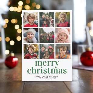 9 Photo Collage Merry Christmas green red plaid Feestdagenkaart