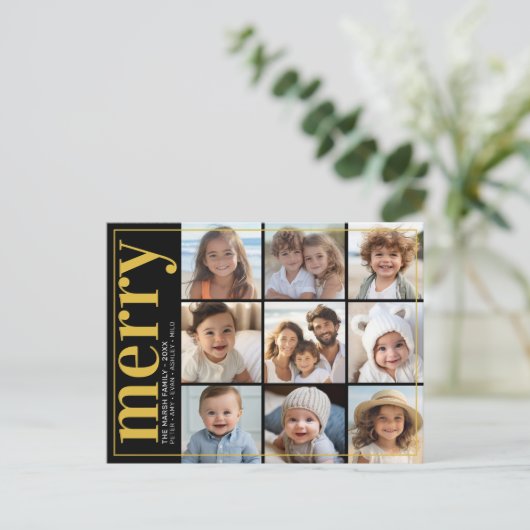 9 Photo Offset - Bold Merry - Black en Gold - Feestdagenkaart (Staand voorkant)