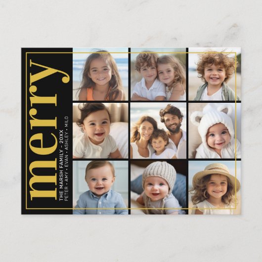 9 Photo Offset - Bold Merry - Black en Gold - Feestdagenkaart (Voorkant)