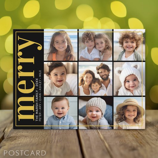 9 Photo Offset - Bold Merry - Black en Gold - Feestdagenkaart